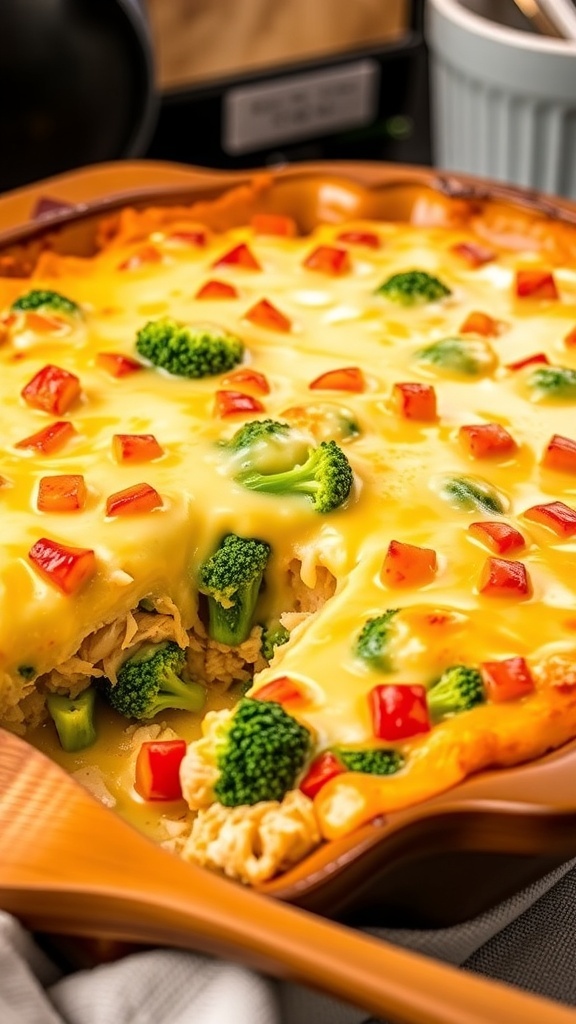 A bubbling low carb cheesy chicken casserole with chicken, broccoli, and bell peppers, served in a rustic dish.